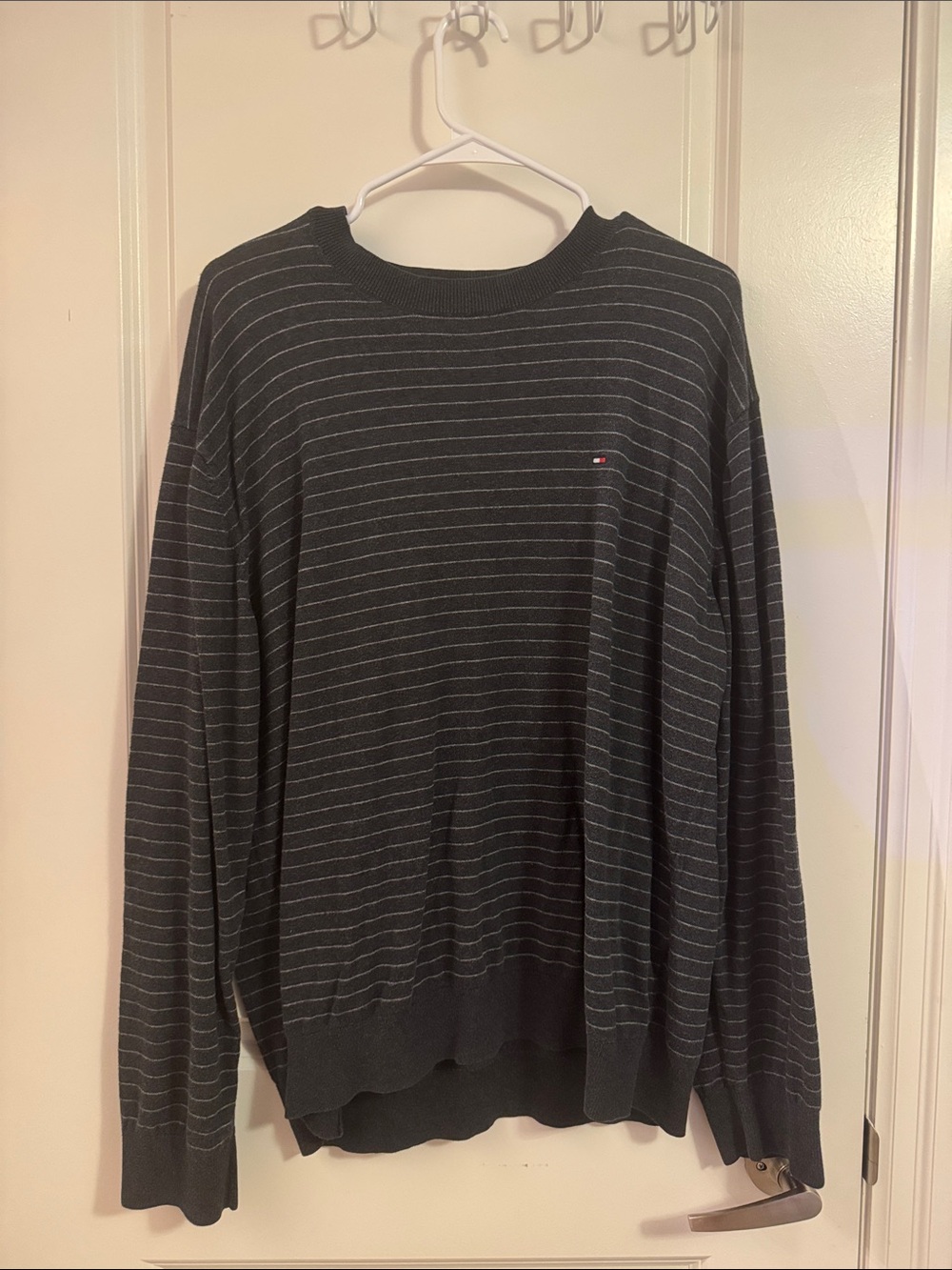 Tommy Hilfiger Black Crewneck Sweater with Thin Gray Stripes